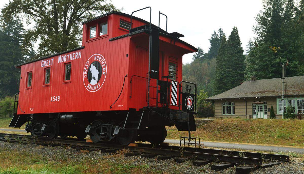 A restored X549 caboose awaits visitors to the inaugural Tenino Railroad Day event on Saturday, Sept. 17, 2022. One of 47 built by the Great Northern Railway in 1923, the 25-foot caboose rode the rails until it was retired in 1967.