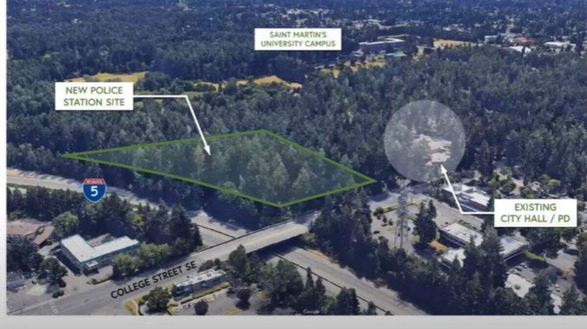 The aerial photo shows the location of the new Lacey police station in relation to Saint Martin’s University and City Hall.