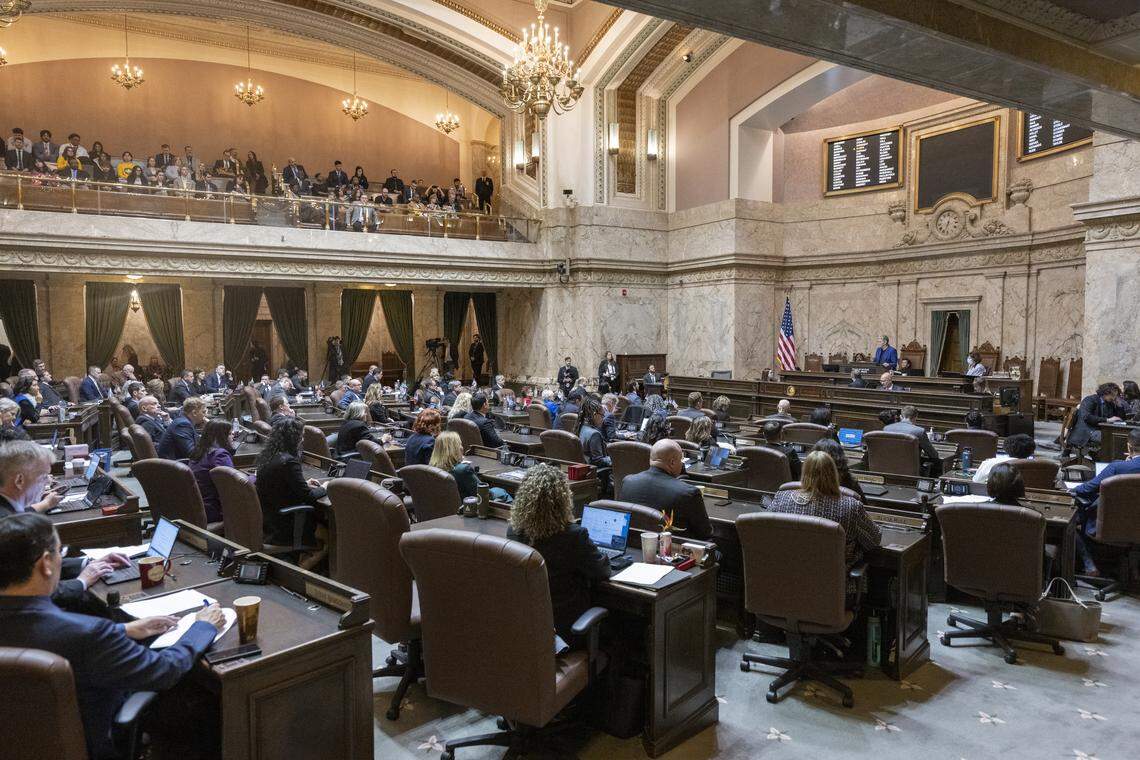 The House of Representatives gather for the first day of the Washington state Legislature’s 60-day session on Monday, Jan. 12, 2026, in Olympia, Wash.