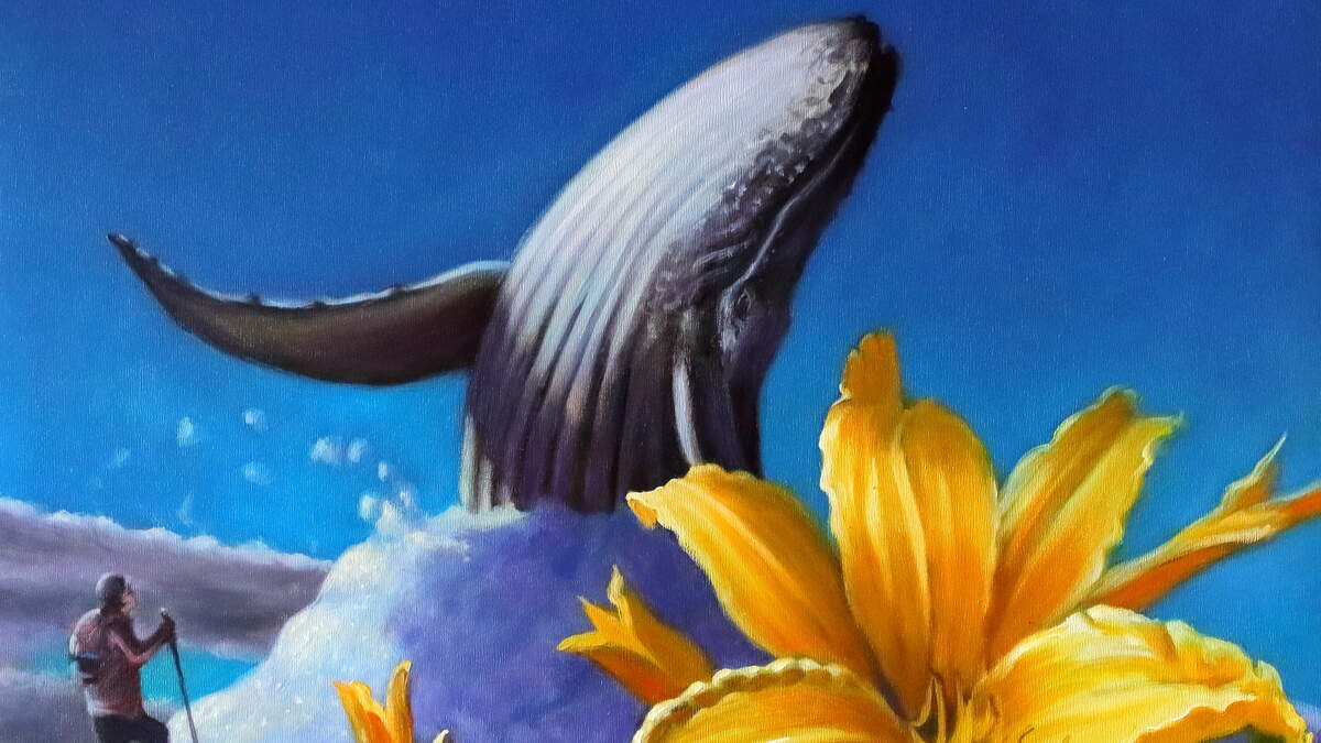 “Fire and Ice,” an oil-on-panel painting by Vancouver, Washington, artist Mark Larson, depicts a close encounter between a hiker and a whale -- with lilies blooming in the foreground.