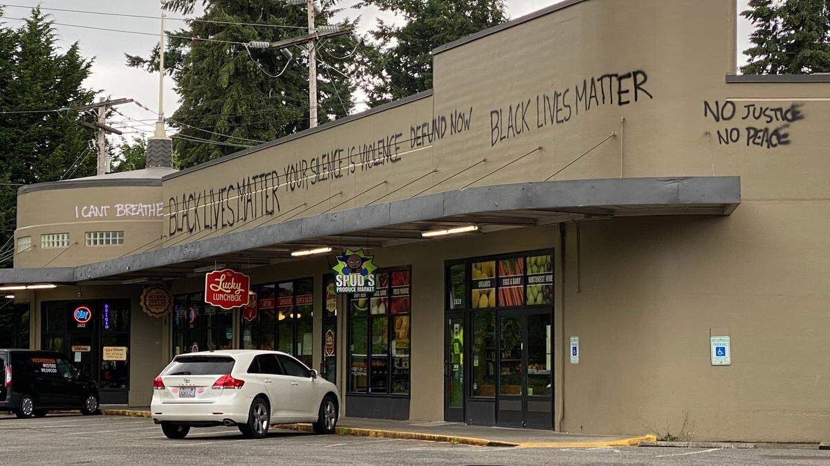 The shops along Capitol Boulevard near the Wildwood neighborhood were tagged early in June.