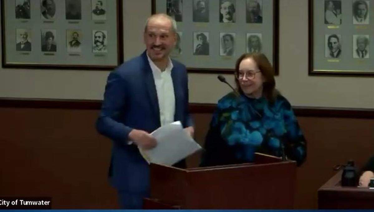 Alaffia vice president of operations Andrew Read addressed Tumwater City Council on Tuesday, Dec. 17, 2025.