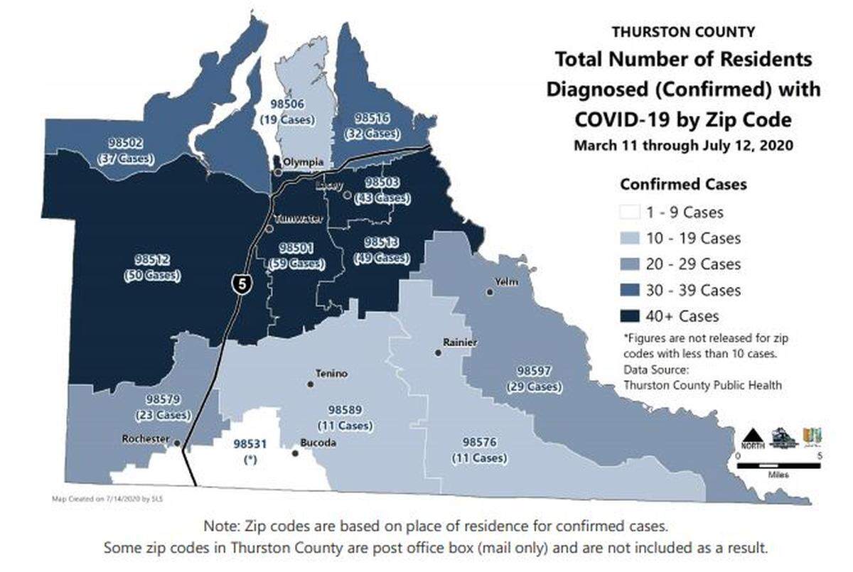 A ZIP code map from Thurston County Public Health and Social Services shows where COVID-19 cases have been confirmed through July 12.