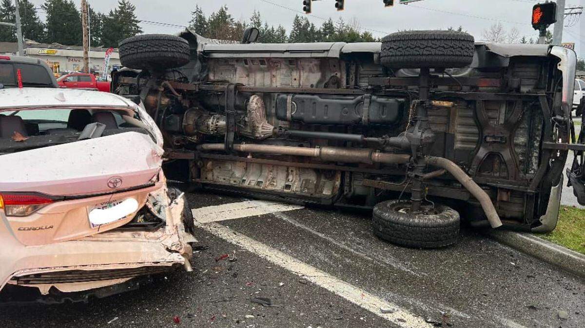 The driver Saturday afternoon stole the truck near Lacey, fled, then crashed into two cars and rolled it, according to the Thurston County Sheriff’s Office.