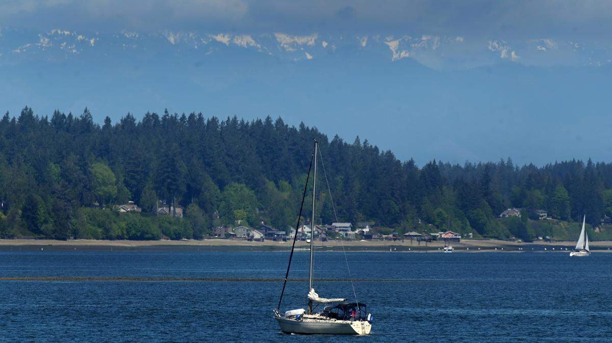South Sound sail boaters enjoy a gentle breeze and slowly warming temperatures in Budd Inlet during a noon sail near Olympia on Wednesday.