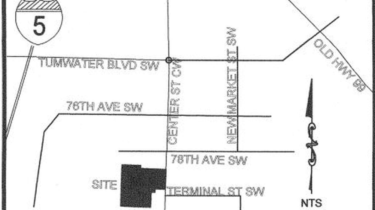 The map shows the location of the South Sound Commerce Center, a 480,000-square-foot distribution center a developer called Panattoni wants to build in Tumwater.