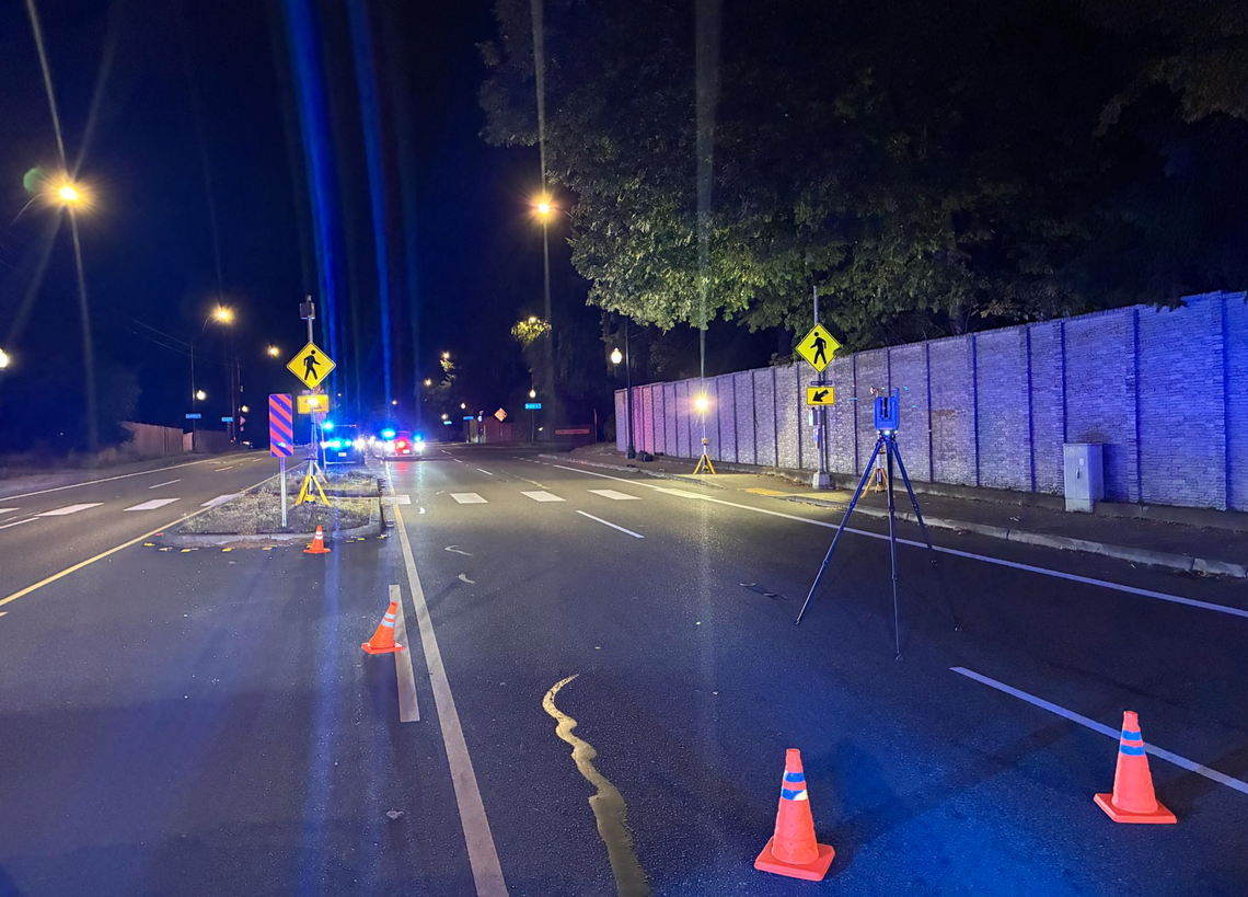 Thurston County Sheriff Derek Sanders shared an image of a crosswalk near the intersection of Yelm Highway Southeast and Donovan Drive where he said a driver fatally struck a dog and seriously injured a pedestrian on Thursday, Oct. 9, 2025.