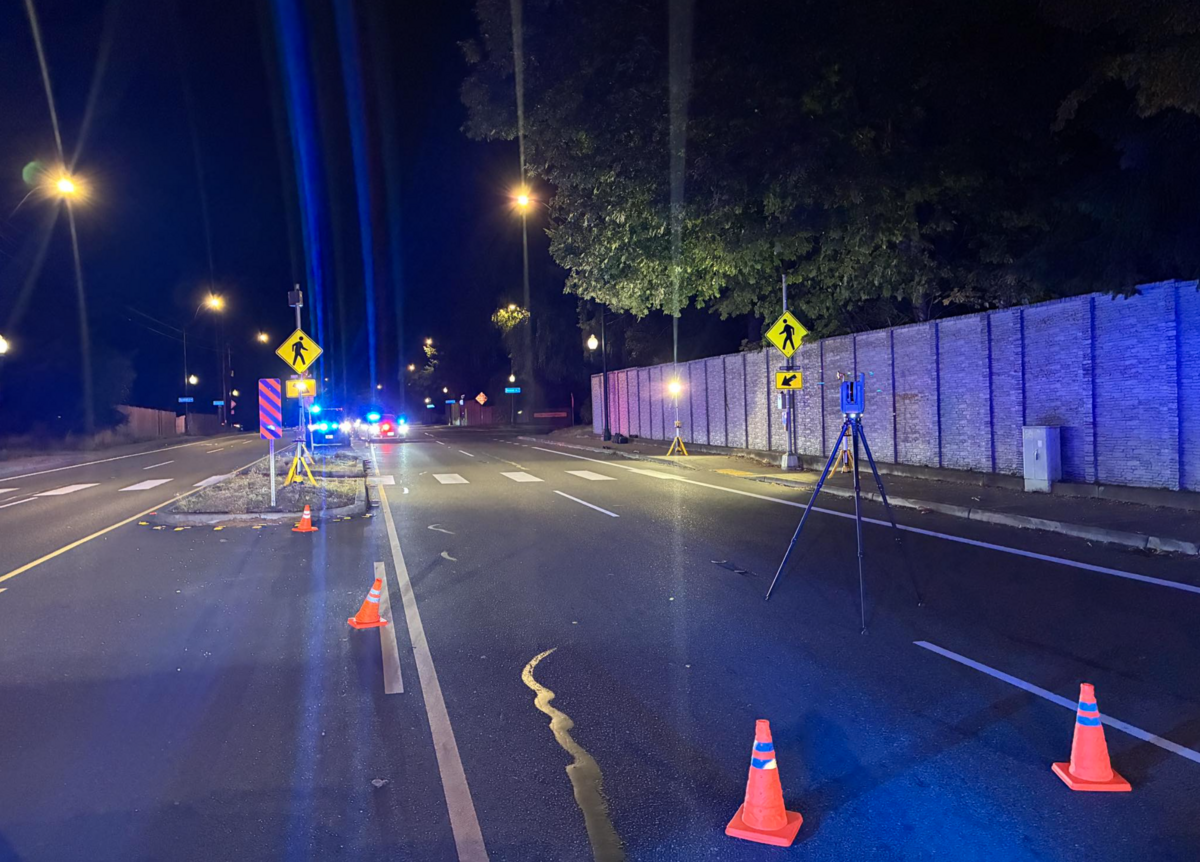 Thurston County Sheriff Derek Sanders shared an image of a crosswalk near the intersection of Yelm Highway Southeast and Donovan Drive where he said a driver fatally struck a dog and seriously injured a pedestrian on Thursday, Oct. 9, 2025.