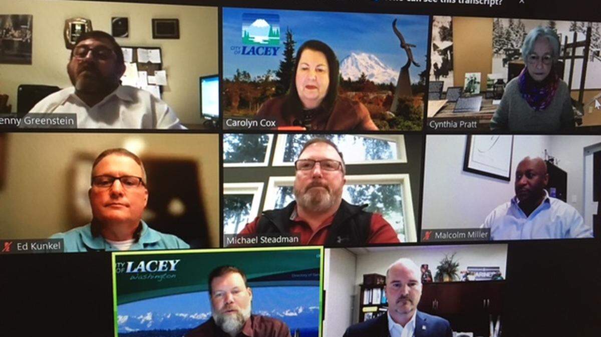 City manager Scott Spence (lower right) explained to Lacey City Council on Thursday that the city intends to reach out to folks with past due utility bills, offering the option of a 24-month payment plan and a reminder about funds still available to Lacey residents through an area nonprofit.