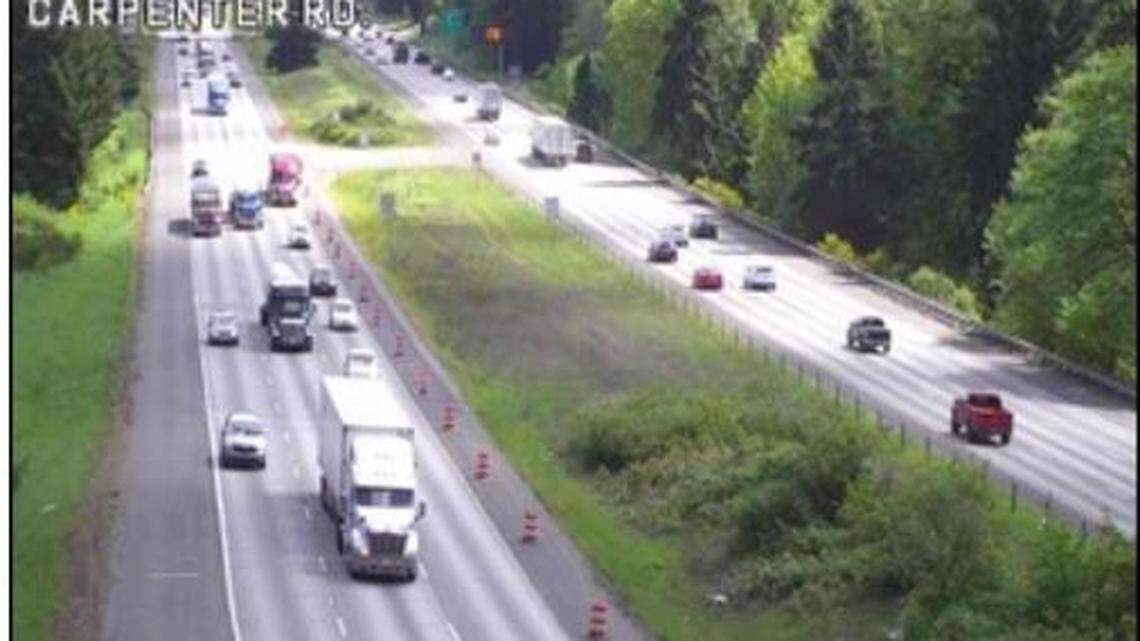 An image of Interstate 5 near Carpenter Road in Lacey. On Thursday, the right lane of northbound I-5 in the same area will close for several hours so that WSDOT crews can replace equipment.