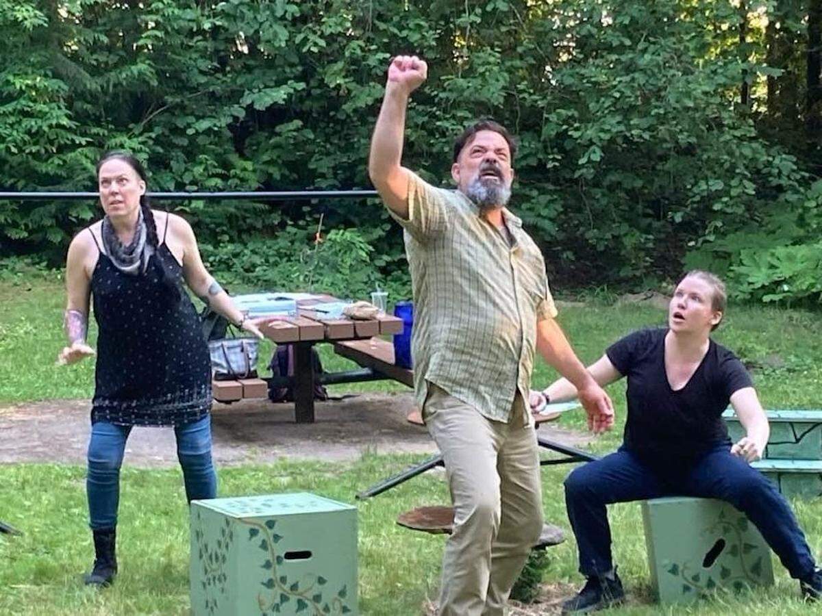 Feste (Jenn Zuko, left), Sir Toby Belch (Brian Hatcher) and Sir Andrew Aguecheek (K.E. Jenkins) get into plenty of mischief in Animal Fire Theatre’s production of Shakespeare’s “Twelfth Night.”