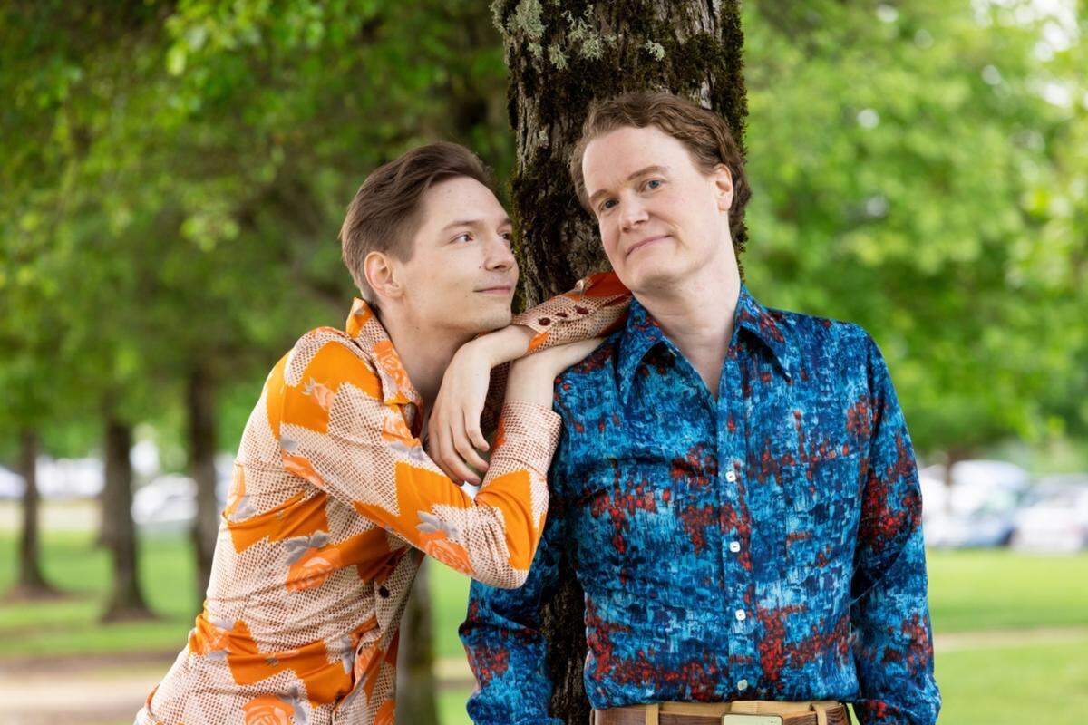 Nicholas Main (left), and Jon Lutyens play a gay couple dealing with the complexities of a modern family in Harlequin Productions’ musical comedy “Falsettos.”