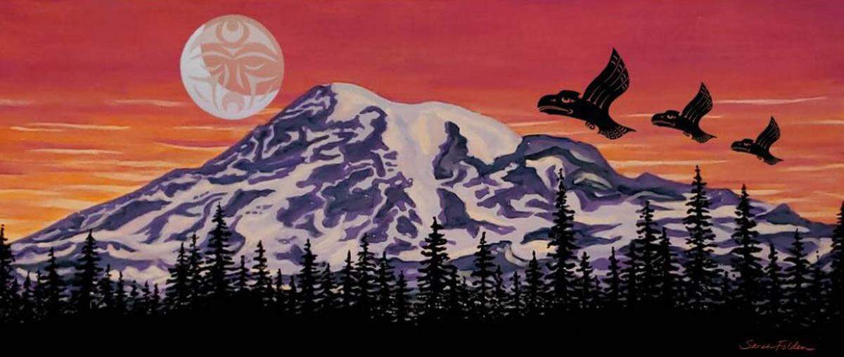 “sqʷáqʷ tálʼšlʼs tʼanáp (Ravens Chase the Moon),” by Sarah Folden. Acrylic Paint, Tumwater, Washington.