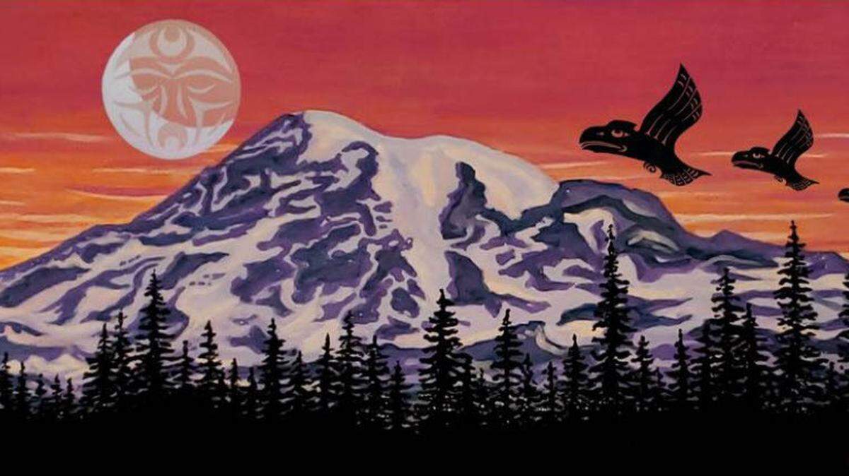 “sqʷáqʷ tálʼšlʼs tʼanáp (Ravens Chase the Moon),” by Sarah Folden. Acrylic Paint, Tumwater, Washington.