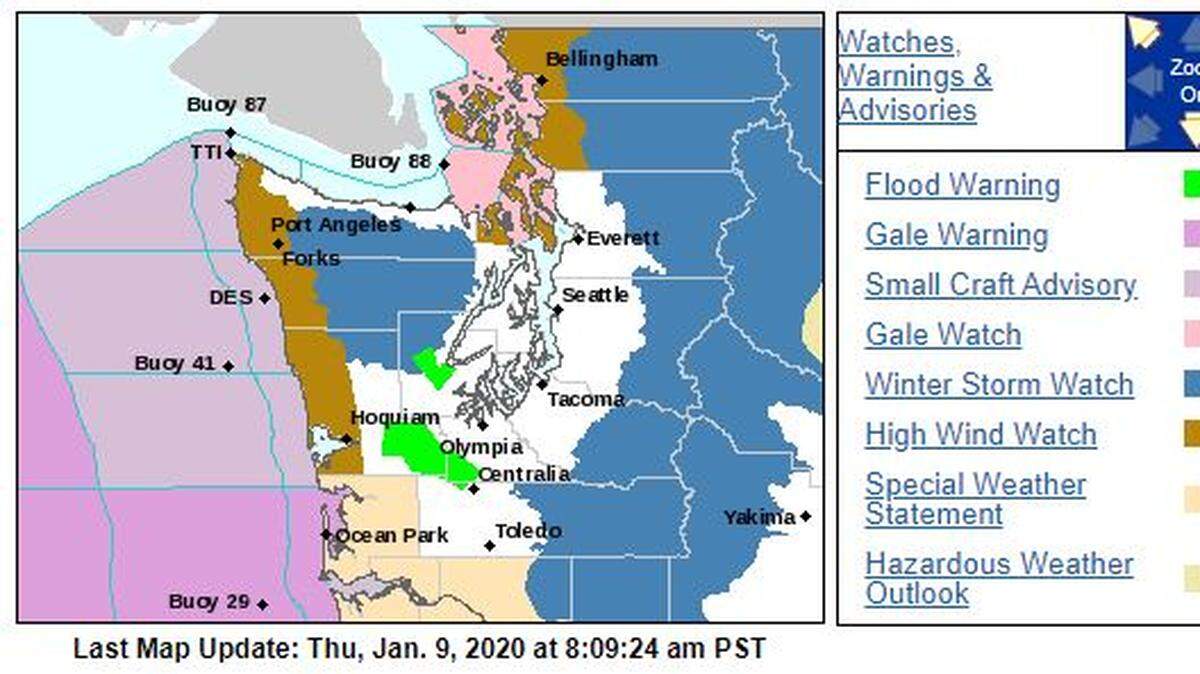 The National Weather Service map as of Thursday morning showed Olympia outside of any watches, warnings, and advisories.