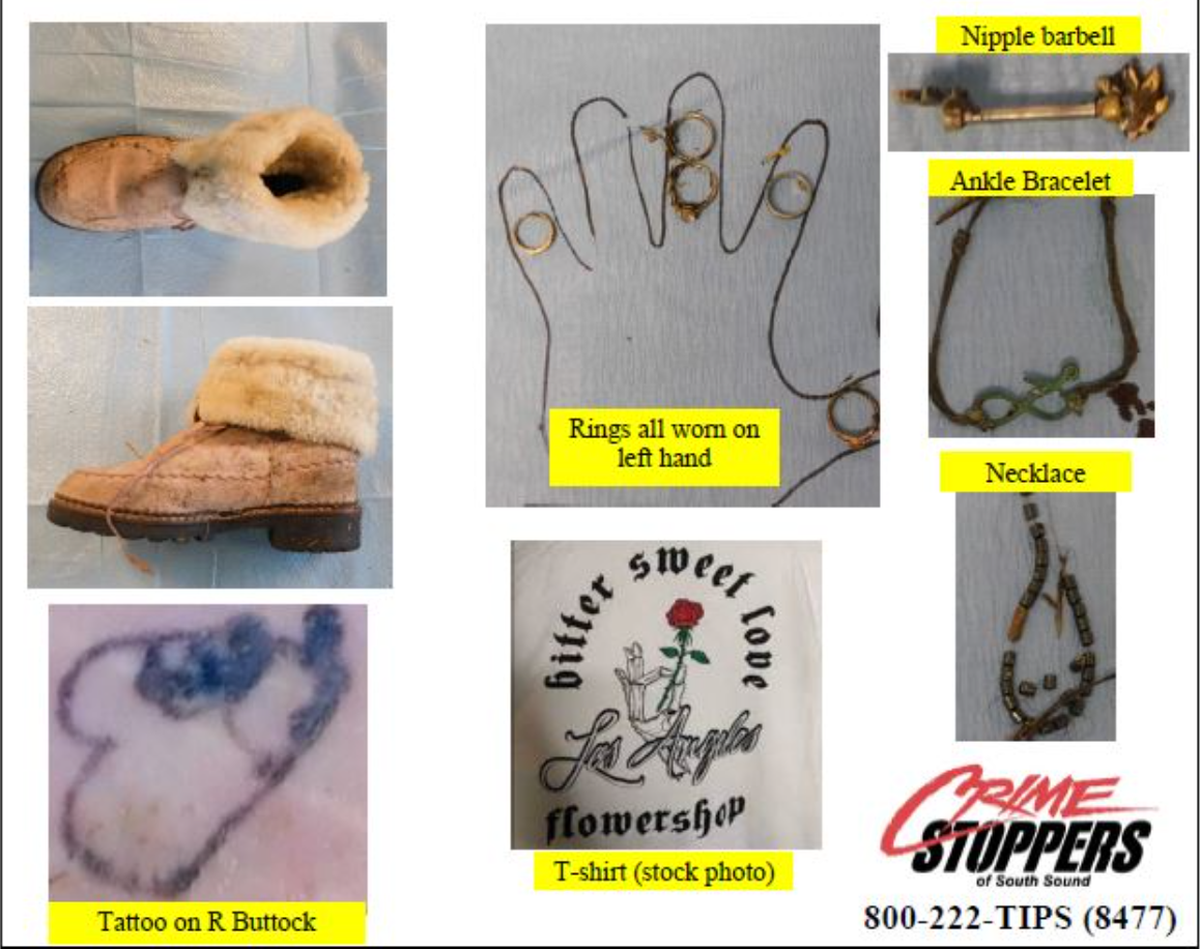 Olympia police released images of these items and details they found at the scene of human remains in a wooded area near Martin Way and Ensign Road on March 31.