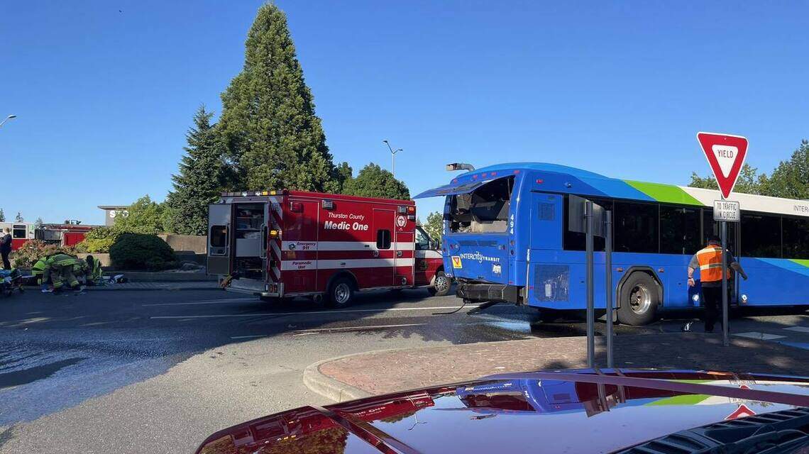 Two injured when car and Intercity Transit bus crash on Lacey roundabout