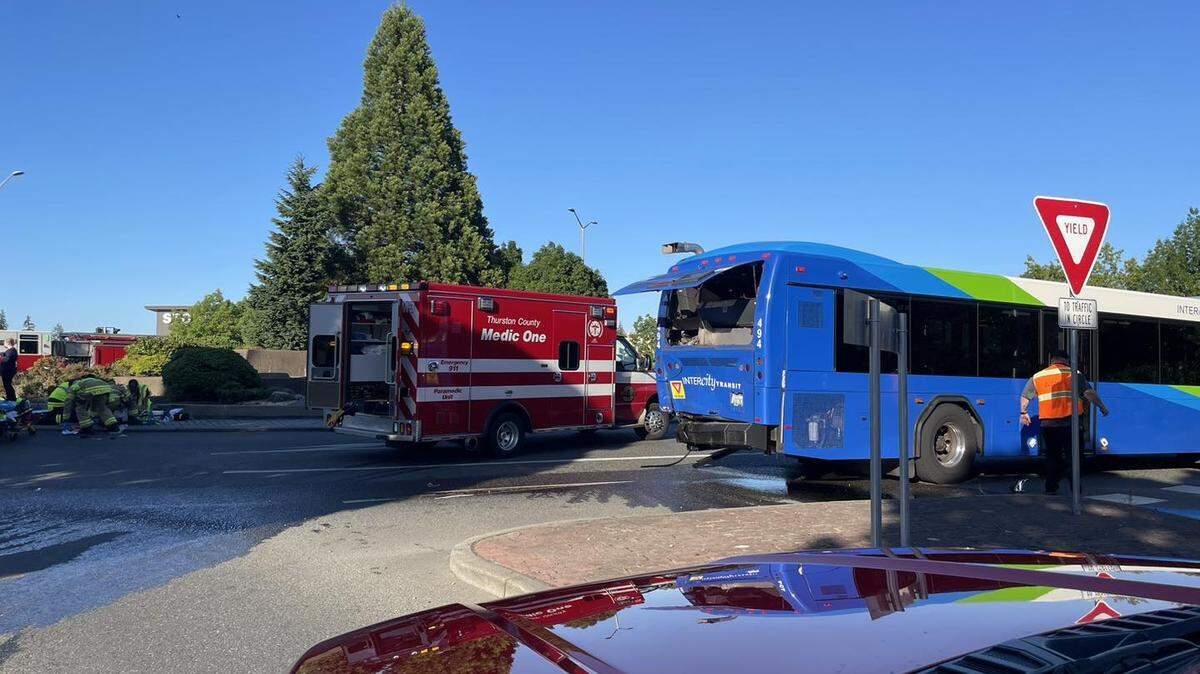 Medical units transported two seriously injured when a car and Intercity Transit bus crashed in Lacey on Wednesday.