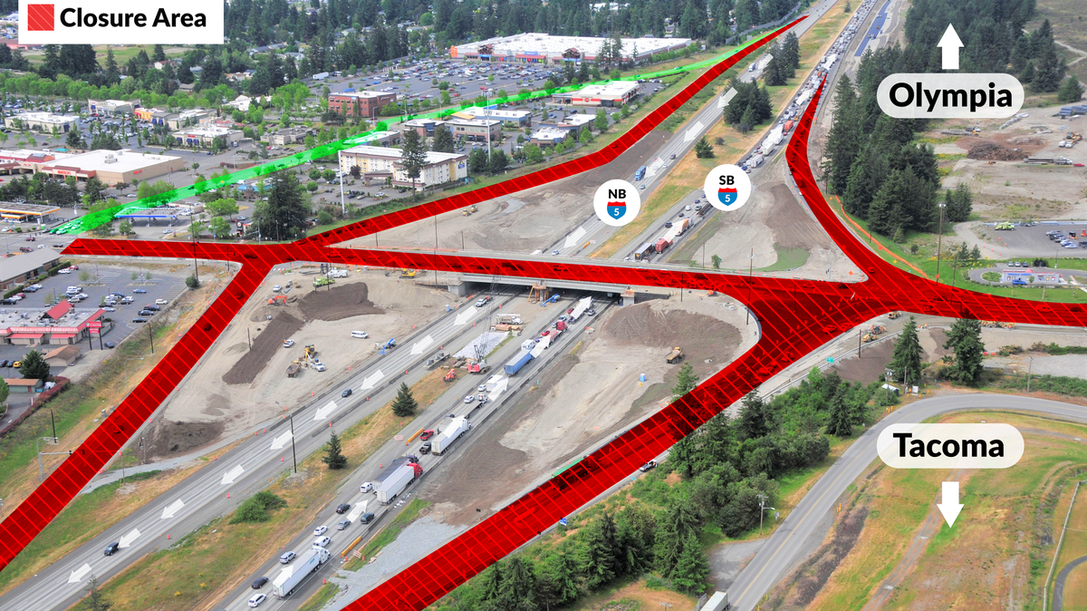 The Marvin Road overpass will reduce to one southbound through lane starting Sunday, July 26 at 9 a.m.. It will stay like so until July 31 when the entire overpass and it’s on- and off-ramps will close so construction on a diverging diamond interchange can begin. Construction should last until August 3 at 5 a.m.