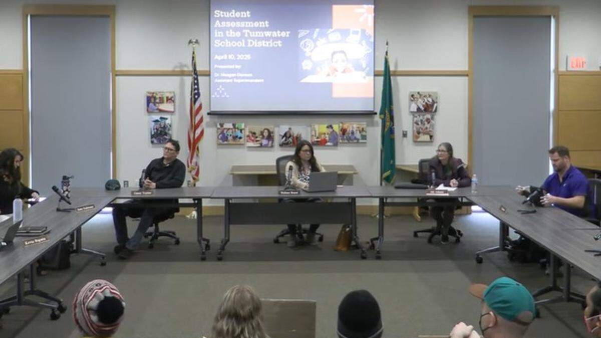 The Tumwater School Board work session on Thursday, minutes before it was disrupted by trans rights activists.