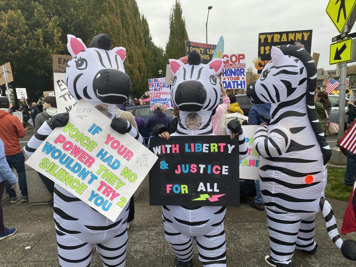 Like the protesters in Portland, dozens of people attended Saturday afternoon’s rally wearing inflatable animal costumes -- but carrying serious signs.