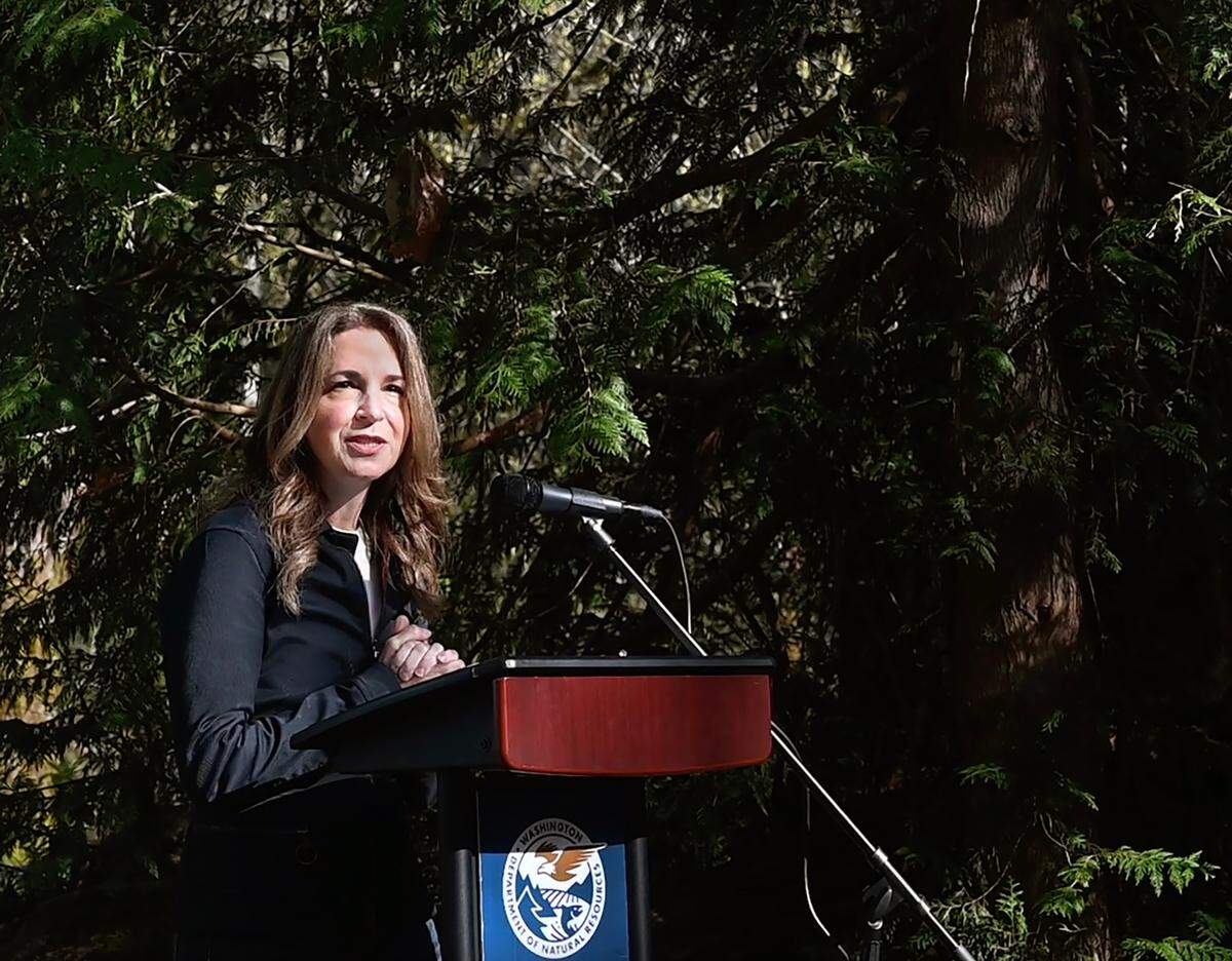 Speaking from the McLane Creek Nature Trail west of Olympia on Wednesday, April 6, Washington state Commissioner of Public Lands Hilary Franz announced an inaugural carbon project that will be located in selected locations on state trust lands.
