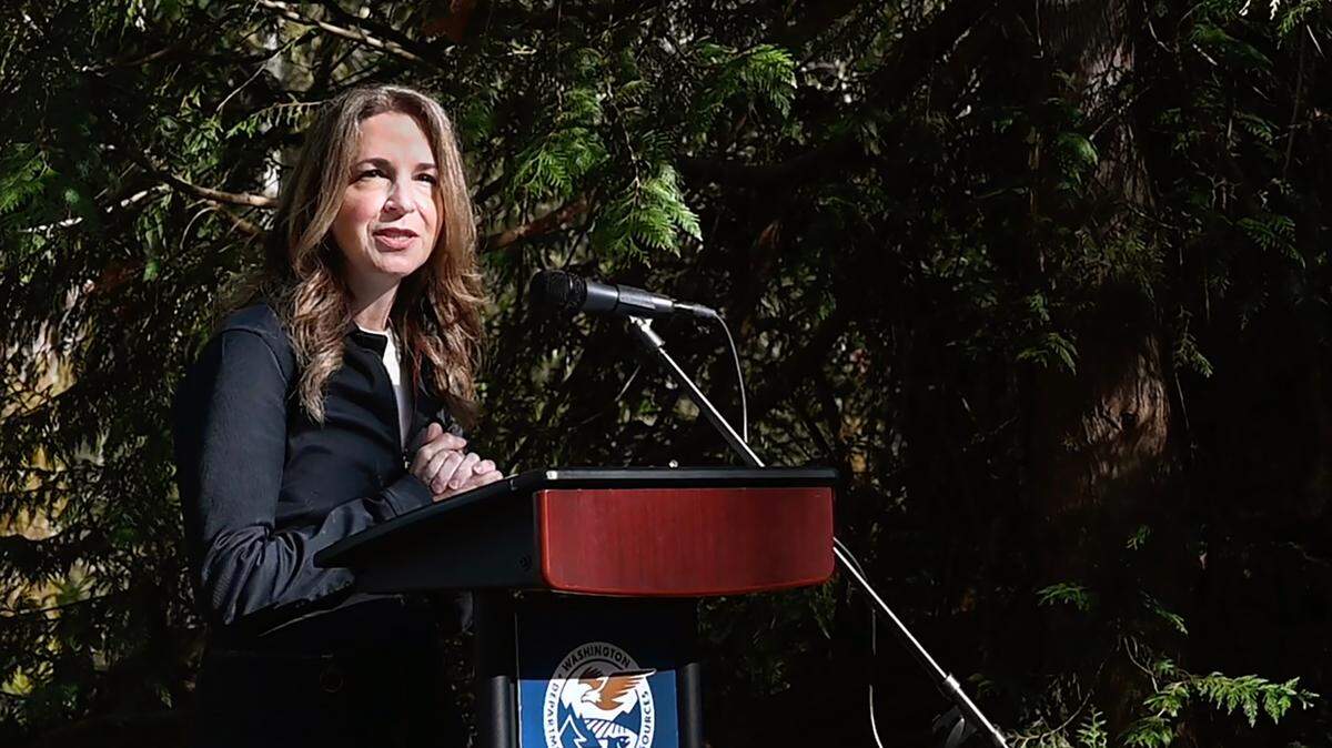 Hilary Franz speaks at the McLane Creek Nature Trail west of Olympia in 2022. The Washington state Commissioner of Public Lands announced Wednesday she is running for governor in 2024.
