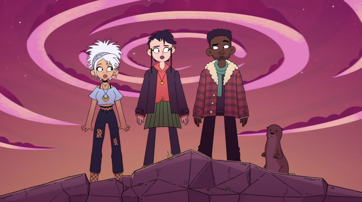 A still from the trailer for “SORRY ABOUT THE MESS,” an in-development, adult, animated comedy and fantasy show created by Australian trans comedian Cassie Workman. The show follows Alice Peril, a trans punk rock singer (center) who must face a “world-ending supernatural threat,” according to the show’s Kickstarter campaign.