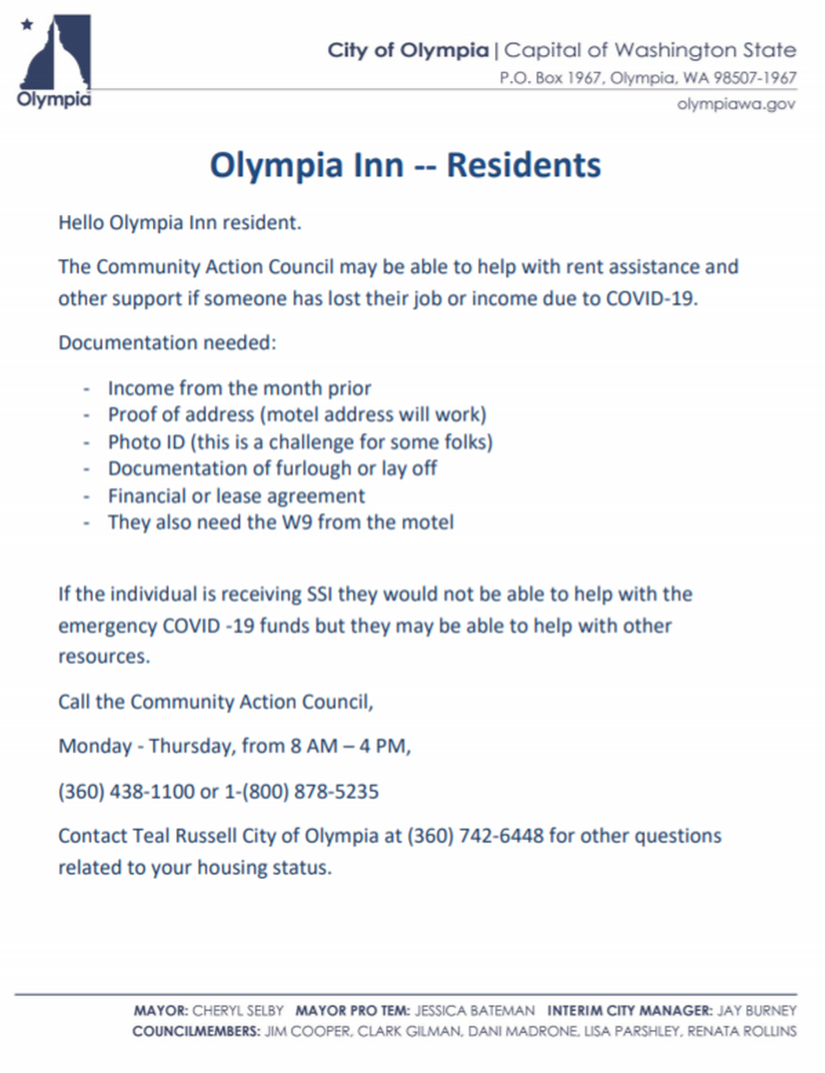 City officials distributed letters to residents about services available to those whose lost income due to the COVID-19 pandemic