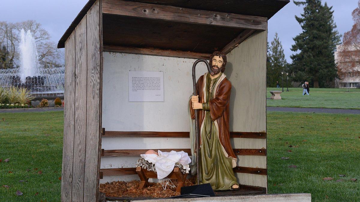 Missing from the nativity scene on the state Capitol campus in Olympia is the figure of Mary, mother of Jesus. photo taken Dec 24, 2019