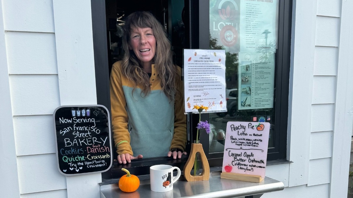 Fika Kaffe co-owner Whitney Hanson at the drive-up window of their business on Henderson Boulevard at Briggs Village in Olympia.