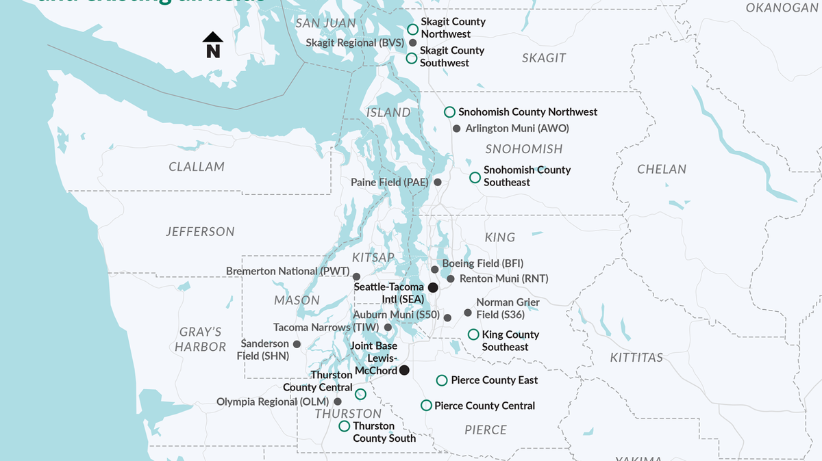 This map shows existing airports and undeveloped sites that could become a new airport. The only two existing airports being considered for expansion are Bremerton and Paine Field in Snohomish County.
