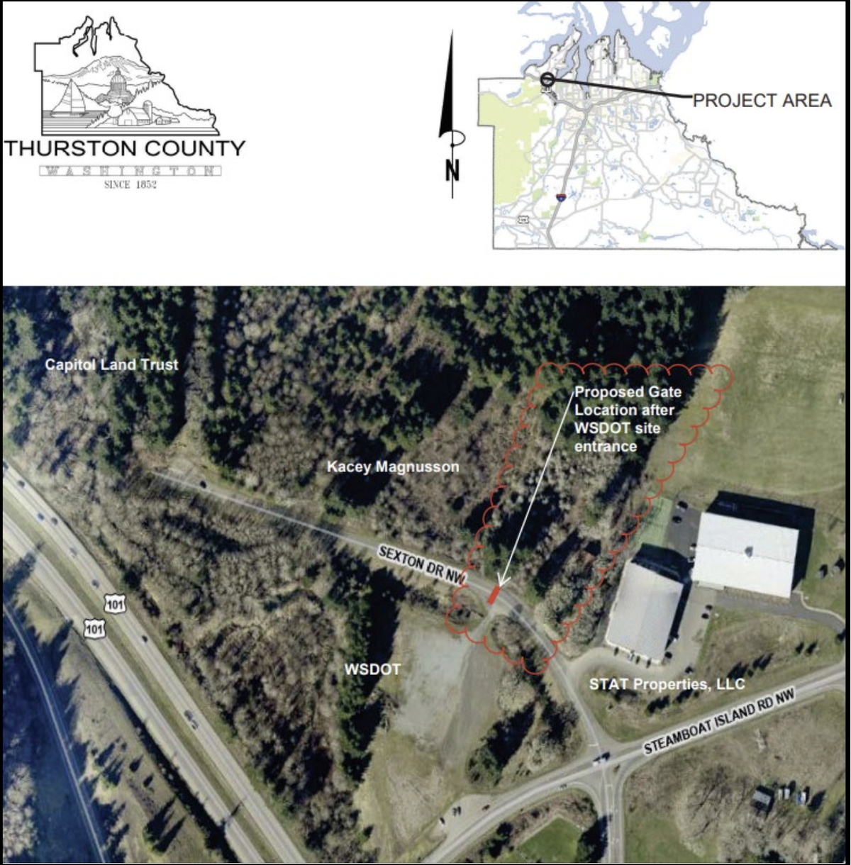 A map showing the location of a proposed closure on Sexton Drive Northwest near Steamboat Island Road and U.S. 101 in Thurston County.