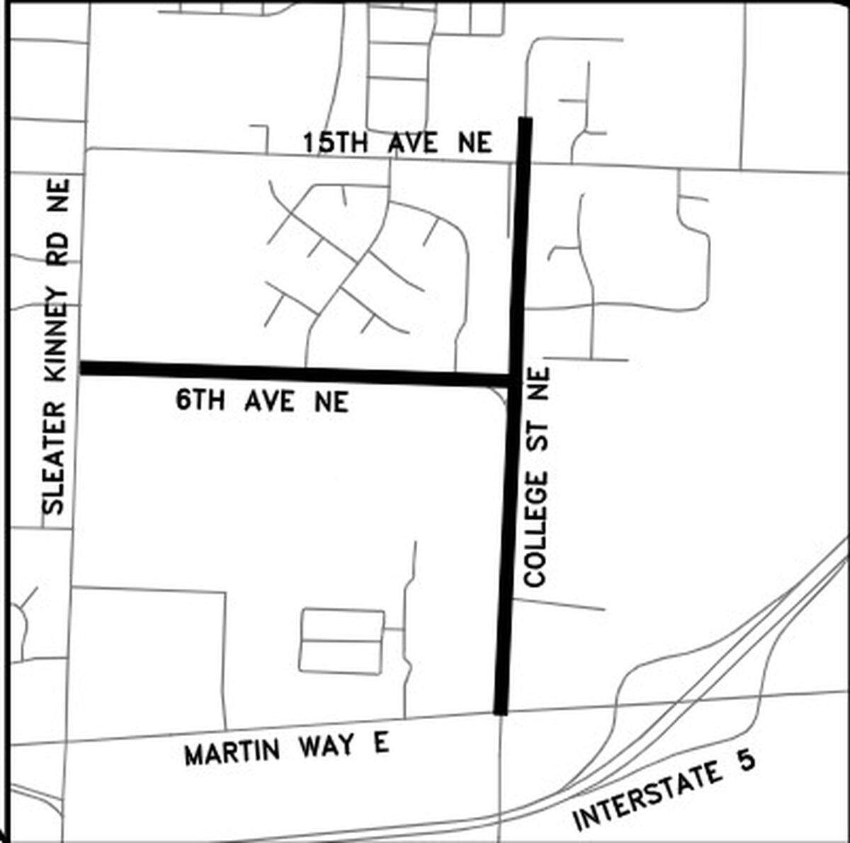 The project area for the College Street Northeast extension and related work in Lacey.