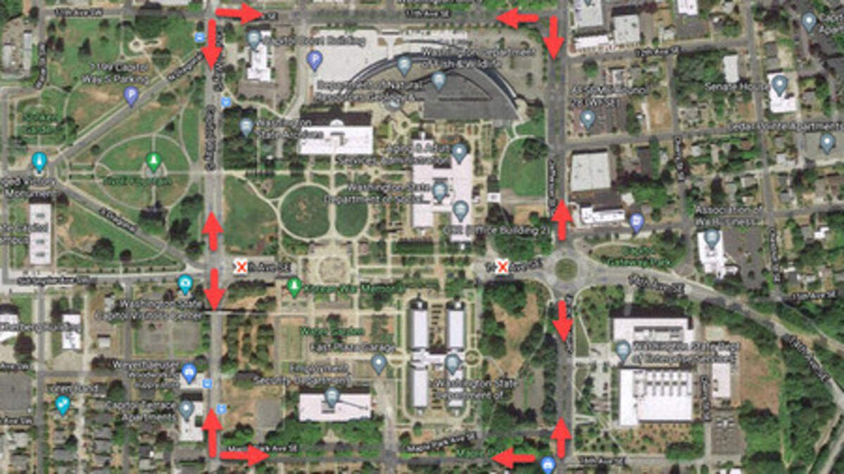 This map shows detour routes while the 14th Avenue tunnel to the Capitol Campus is closed Wednesday and Thursday.