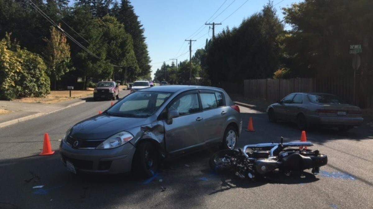 A crash involving a car and motorcycle has delayed traffic on College Street Southeast, not far from Mountain View Elementary School, according to Lacey police.