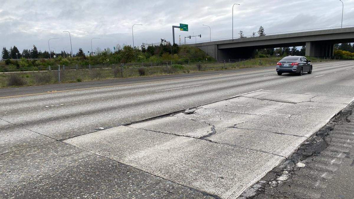 A concrete panel on northbound I-5 near Lacey in need of repairs.