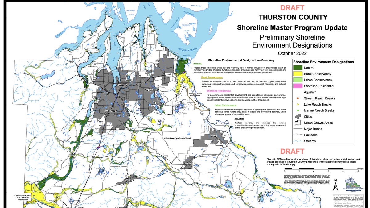 A draft map of proposed shoreline designations for the Thurston County Shoreline Master Program, regulations that protect local ecology while allowing development. The county aims to repeal and replace the SMP for the first time since 1990.
