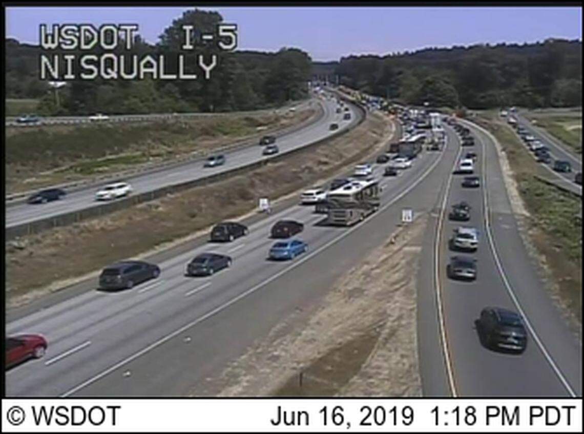 Northbound I-5 traffic approaches the Nisqually bridge.