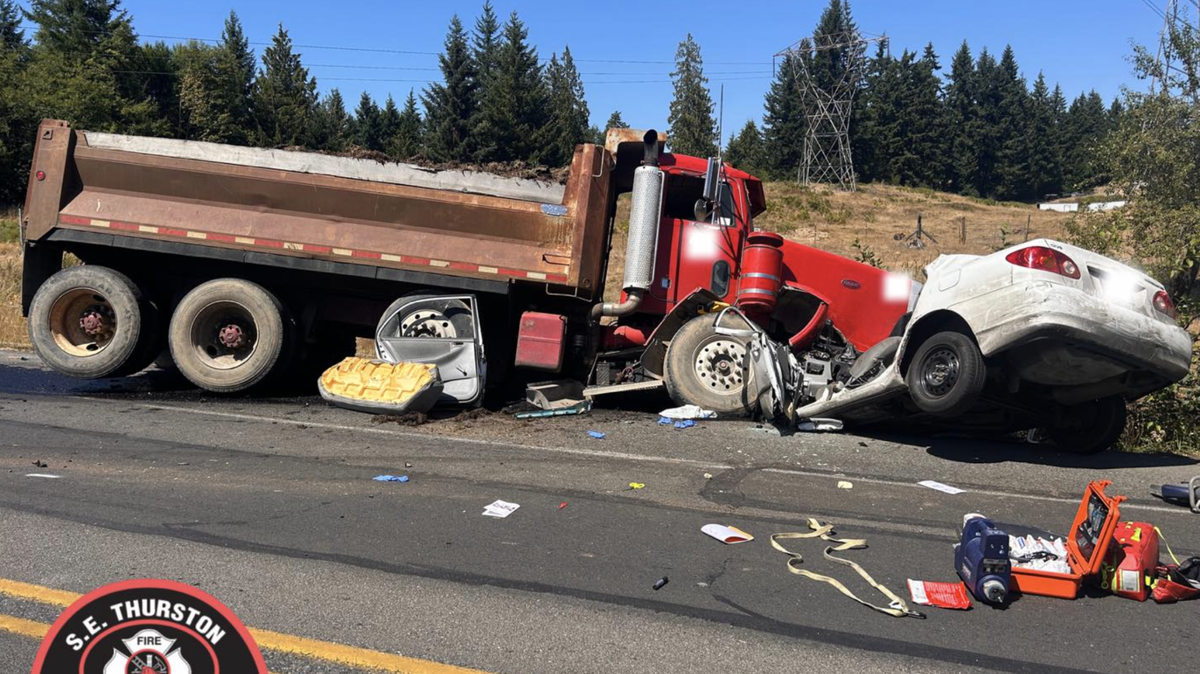 A seriously injured driver was airlifted following a car versus dump truck collision in south Thurston County on Tuesday, July 22, 2025. Sheriff Derek Sanders came across the scene while he was off-duty.