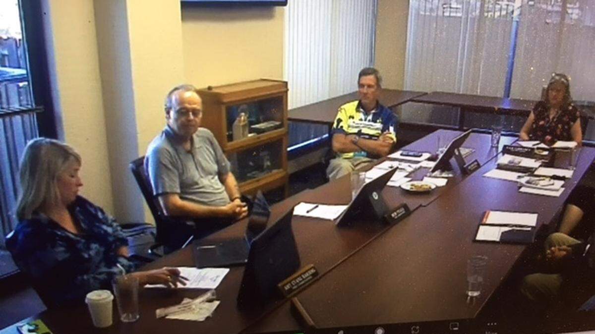 Disappointed that an internal matter appeared in The Olympian July 12, prompted Port of Olympia commissioner Joe Downing to address the public during Monday’s port commission work session. From left: Commissioners Amy Evans, Bob Iyall, Joe Downing and Executive Director Sam Gibboney.
