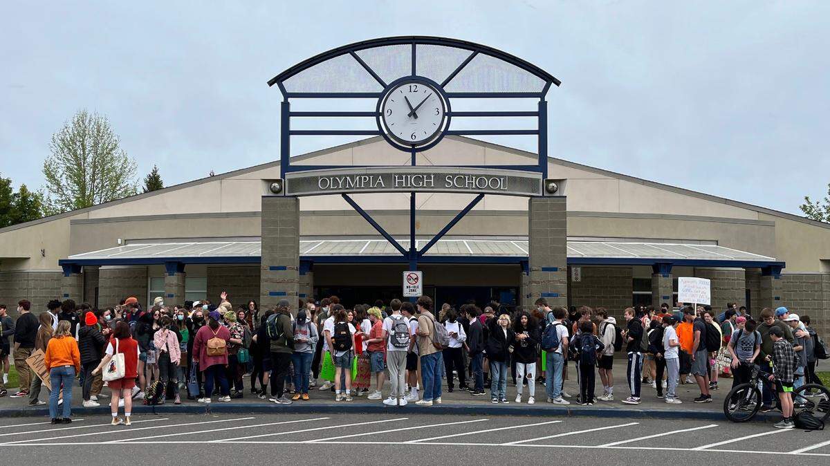 Students at Olympia High School walk out on their way to an anti-gun violence rally at the Capitol Campus.