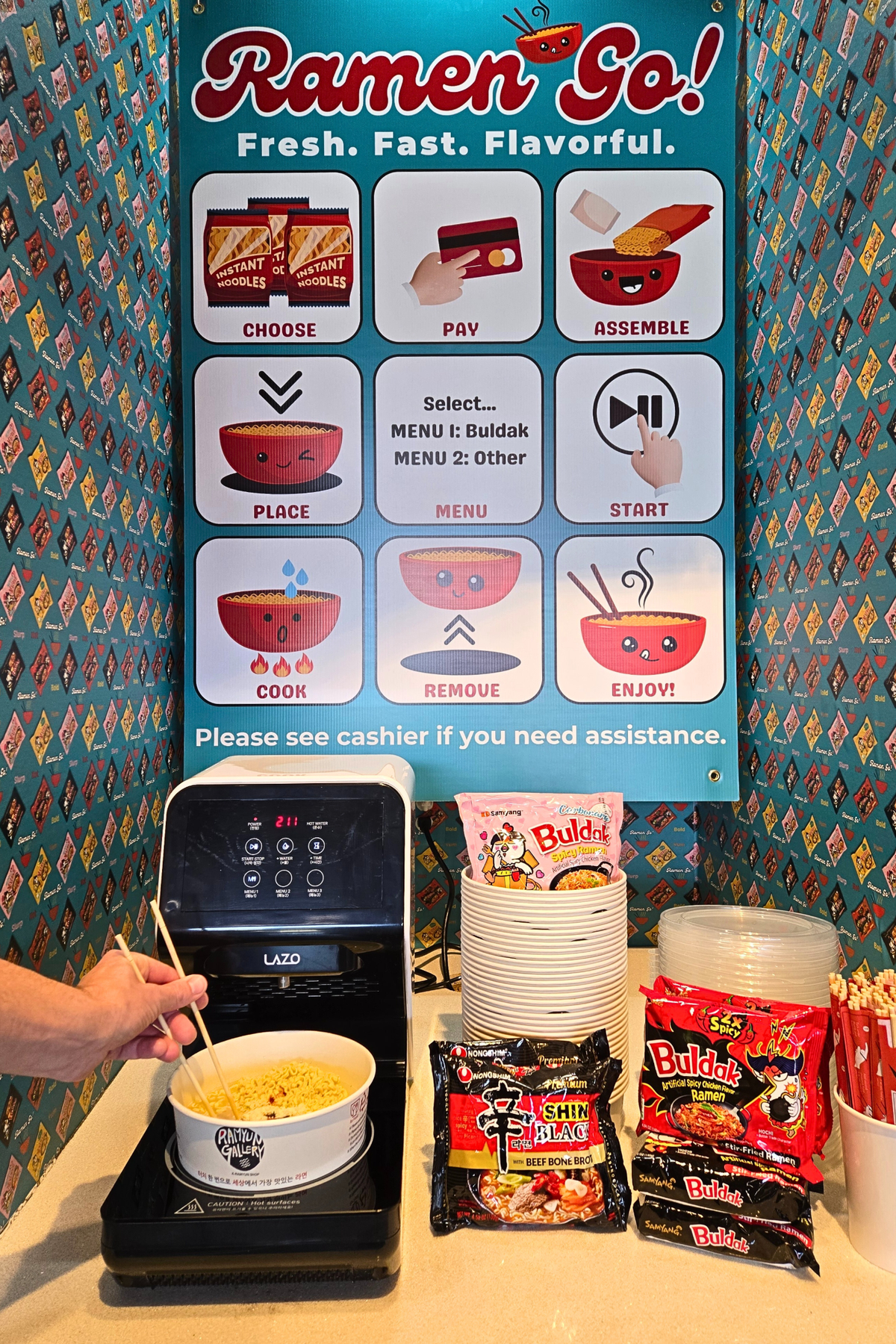 The dedicated ramen preparation station at the Yelm Highway location of Nisqually Markets.