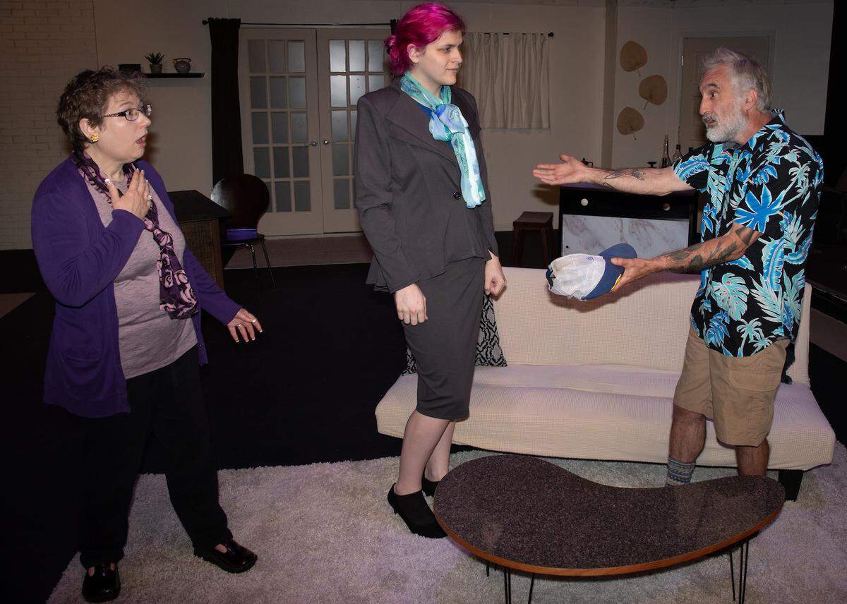 In Olympia Little Theatre’s “Life Is Complicated,” Chelsea (Talia Carver, center) navigates a challenging situation with parents Midge (Mary Menard) and Chuck (James Saxton).
