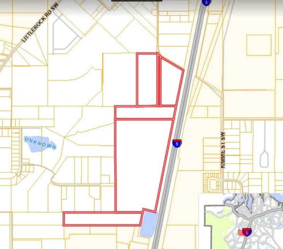 A map showing the area of a development proposal in Thurston County that would bring two, tilt-up concrete industrial buildings with accessory office space in a new industrial park at 8714 Blomberg St. SW.