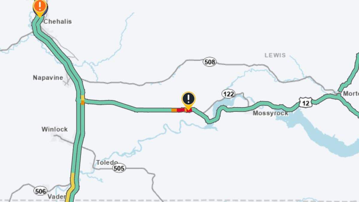 A WSDOT map shows the U.S. Highway 12 closure in Lewis County.