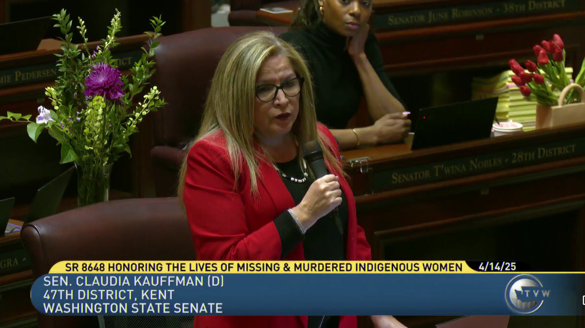 State Sen. Claudia Kauffman, a Kent Democrat, speaks on the Senate floor Monday, April 14.
