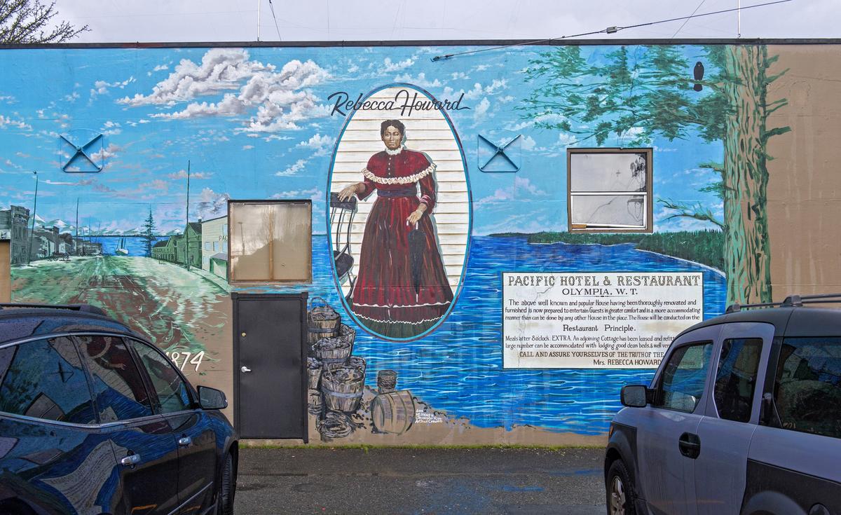 A mural near the site of the former Pacific House in downtown Olympia honors Rebecca Howard, who ran the prominent hotel starting in 1859.