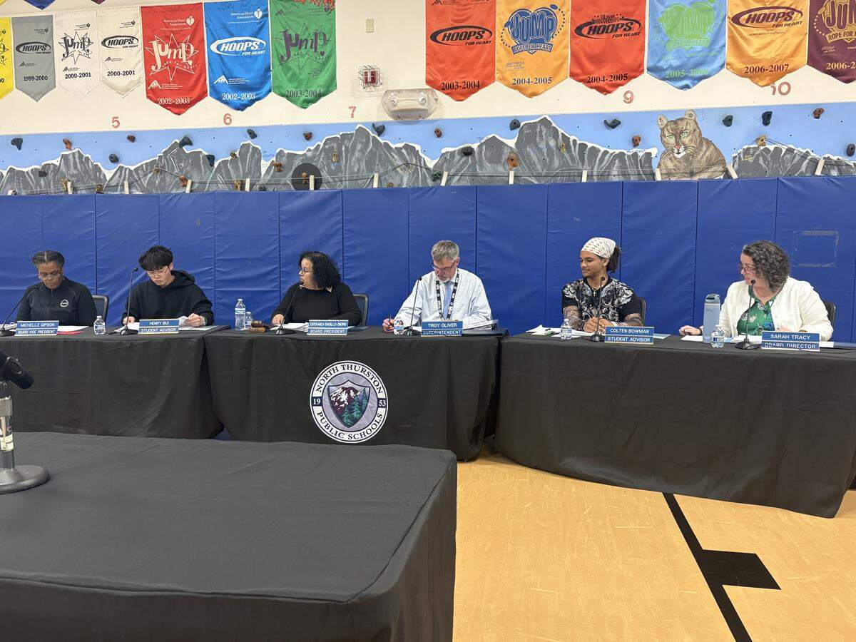 The North Thurston Public Schools board gathered at Mountain View Elementary in Lacey on Tuesday, May 19, 2026.