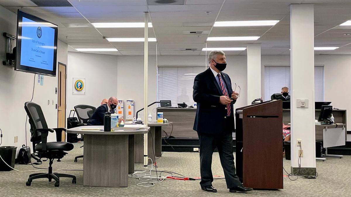 Prosecuting attorney Jon Tunheim presents closing arguments to a physically distant jury in a 2018 murder case on Wednesday, April 28. The jury found Shane Brewer guilty of first-degree murder and robbery the next day.